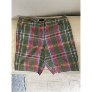 Tommy Hilfiger Shorts Women 14 Green Pink Plaid Mid Rise Chino Flat Front Cotton